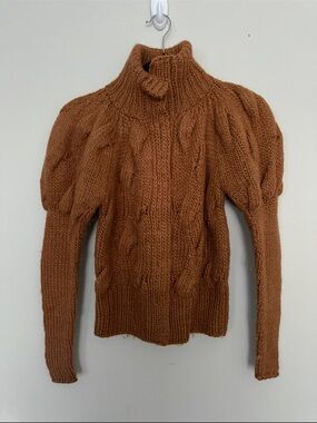2B.Rych Cable-Knit Puff-Sleeve Turtleneck Sweater in Rust Brown